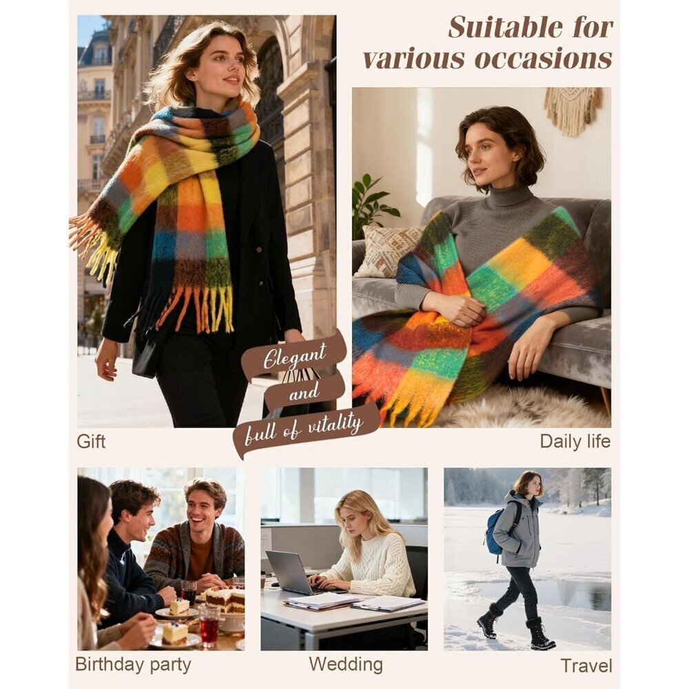 Women's Oversized Plaid Blanket Scarf Chunky Warm Shawl Wrap 80 characters - Picture 6 of 6